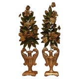 Pair of Giltwood Urns with Tole Flowers