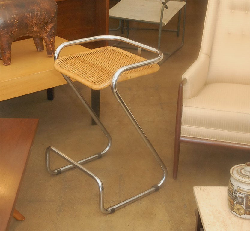 Italian Pair of chrome and wicker bar stools