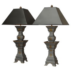 Monumental Pair of Pewter & Brass Table Lamps