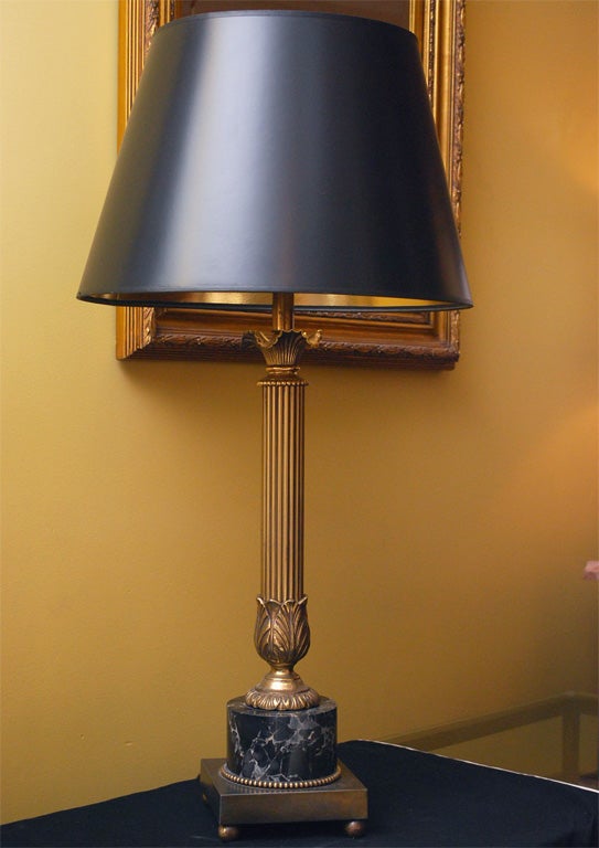 Pair of Brass Fluted Column Lamps with Marble