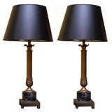 Pair of Brass Fluted Column Lamps with Marble