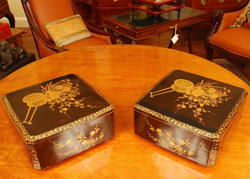 Pair of Japanese Black and Gold Lacquered Boxes and Cover