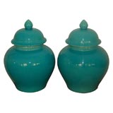 Vintage Pair of Aqua Glazed Ceramic Jars