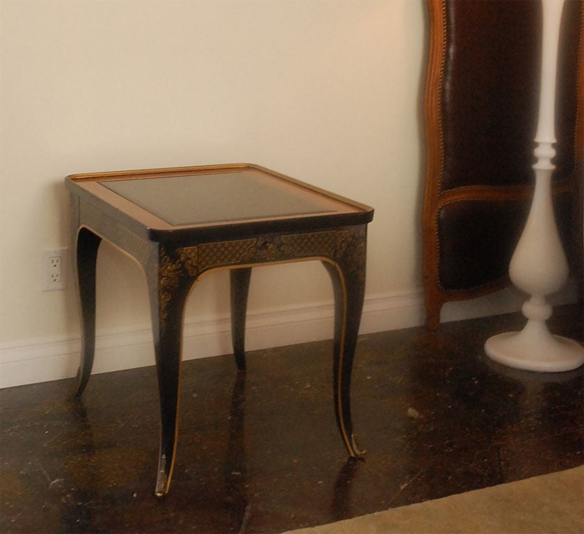 Pair of black enamel Drexel End Tables, with gold Chinoiserie detailing and a drawer. Burlwood details the top of these fine pieces.