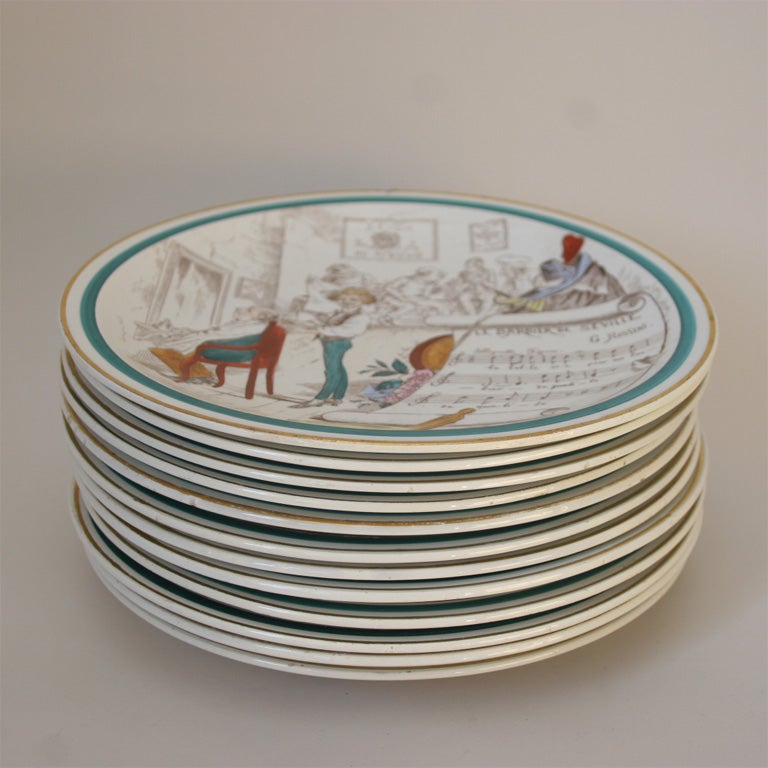 Set of 12 French Creil "Sujects Musicaux" Comical Opera Plates