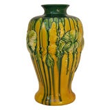 Japanese Awaji Art Pottery Baluster Vase with Hibiscus Blossoms