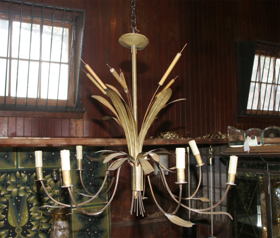 Six arm wispy brass chandelier with cattail decoration.