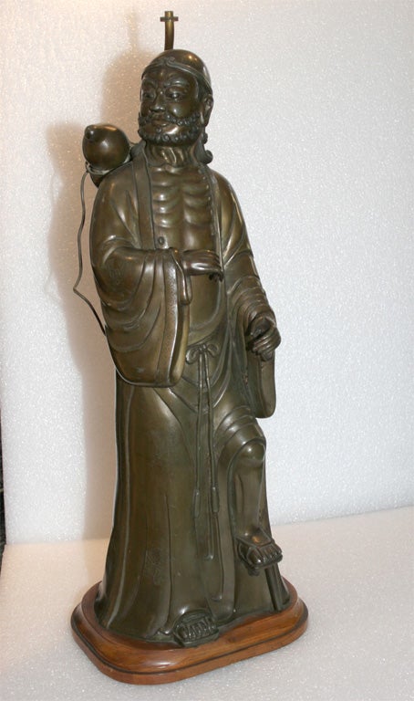 Chinese Pewter Figure of the Daoist Imnmortal Li Tieguai with a Double Gourd. The Figure Now Covered in an Iron Brown Patina and Fitted as a Lamp