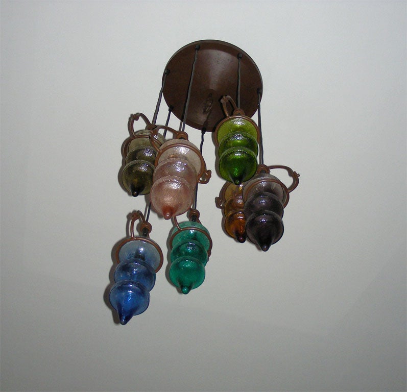 French 1970s Moulded and Colored Glass Chandelier For Sale