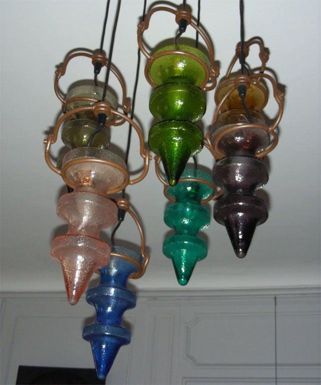 1970s Moulded and Colored Glass Chandelier In Good Condition For Sale In New York, NY