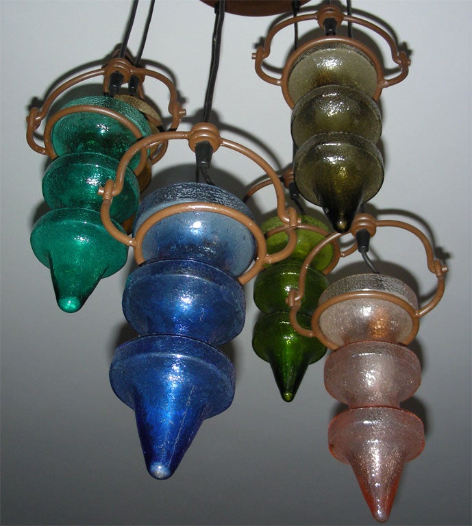 Brass 1970s Moulded and Colored Glass Chandelier For Sale