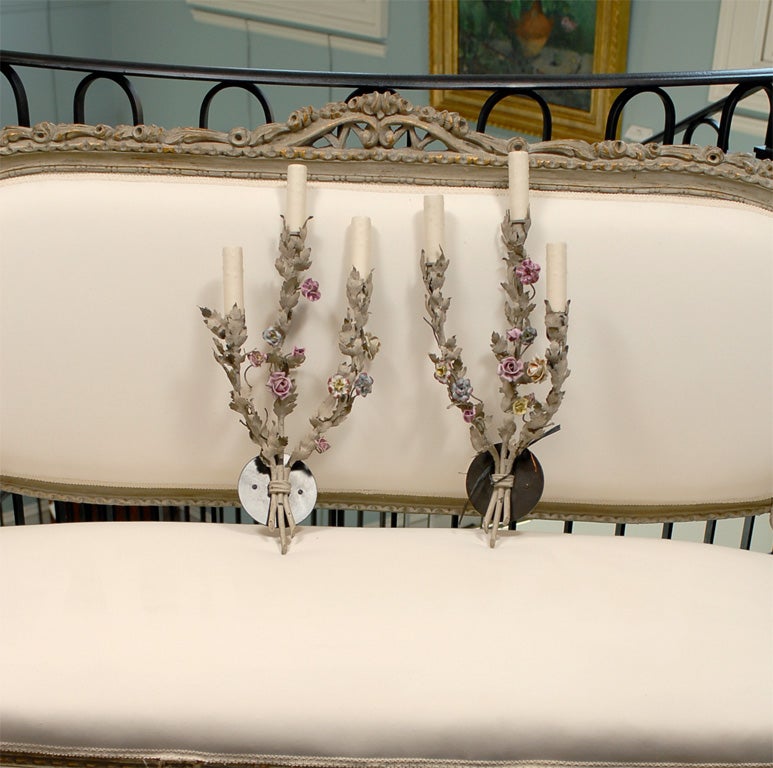 Pair of French Tole Sconces with Porcelaine Flowers