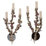 Pair of French Tole Sconces with Porcelaine Flowers