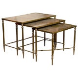 Antique Nest of  3 Brass Tables with gold leaf glass tops