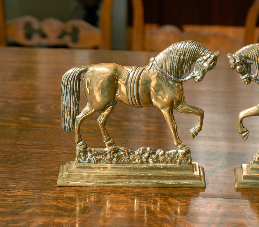 Repoussé Pair of English Early 20th Century Small Size Brass Horses on Rectangular Base