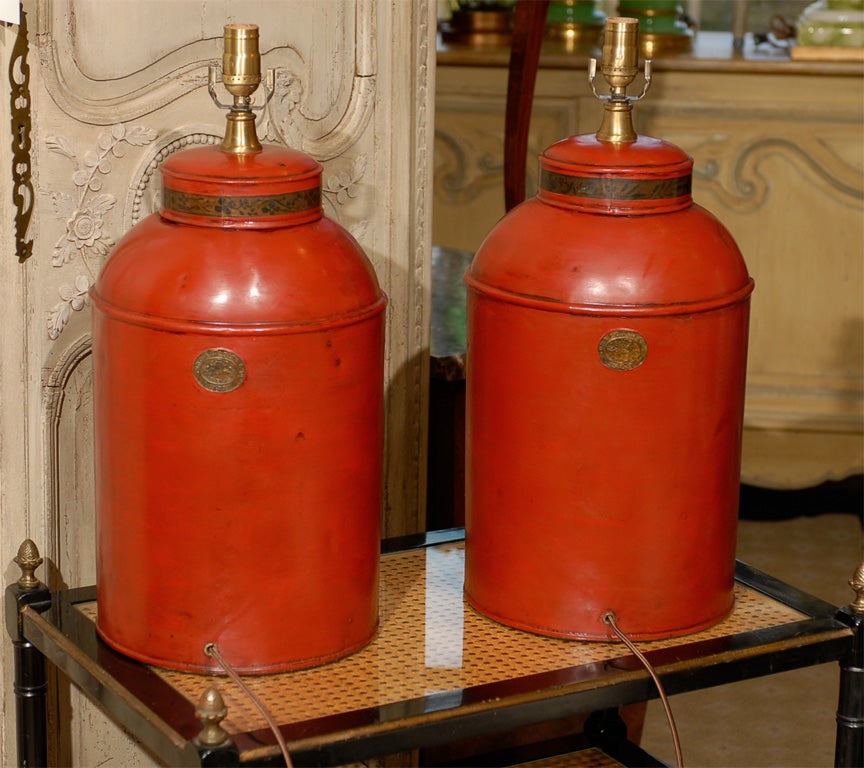 PAIR OF 19thC RED TEA TIN LAMPS 3