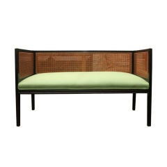 Dark Mahogany Caned Bench Upholstered in Green Linen