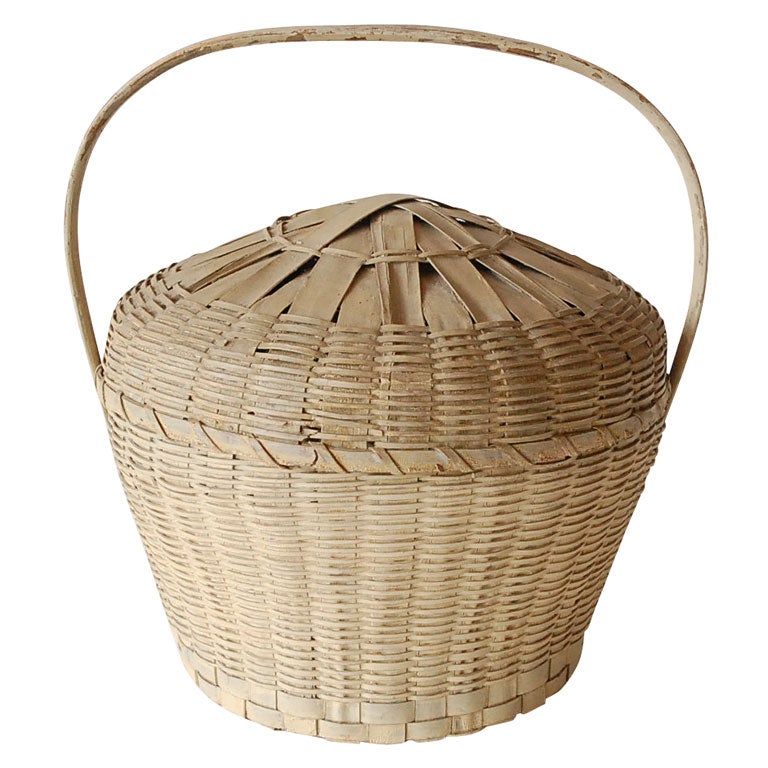 EARLY 19TH C. PAINTED BASKET W/ ATTACHED  LID FROM NEW ENGLAND