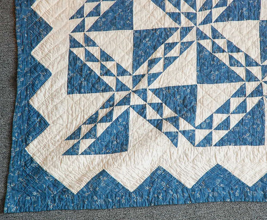 19th Century 19TH  CENTURY BLUE AND WHITE CALICO OCEAN WAVES QUILT