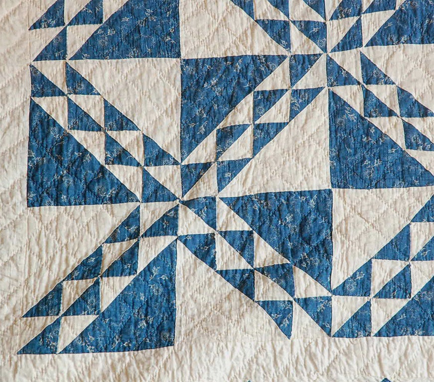 Cotton 19TH  CENTURY BLUE AND WHITE CALICO OCEAN WAVES QUILT