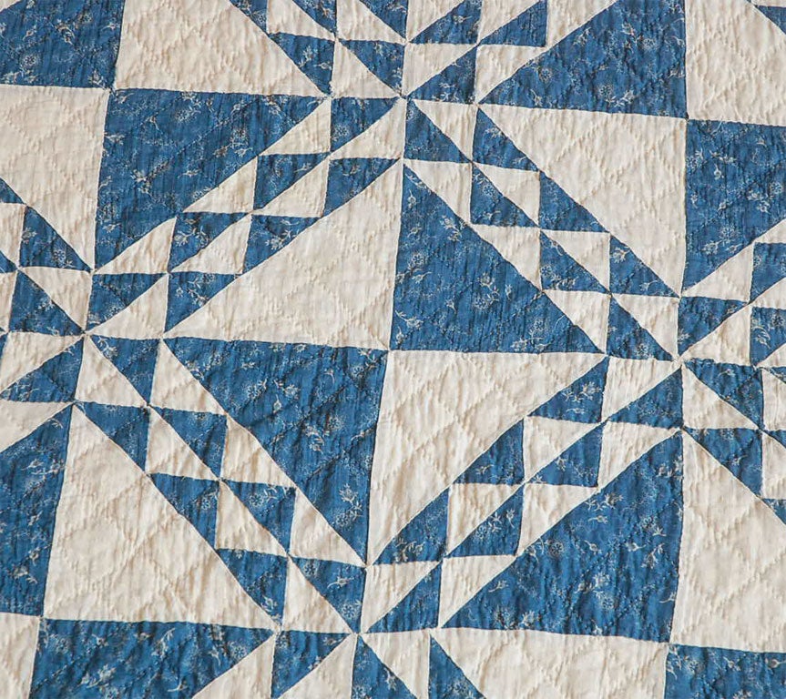 19TH  CENTURY BLUE AND WHITE CALICO OCEAN WAVES QUILT 1