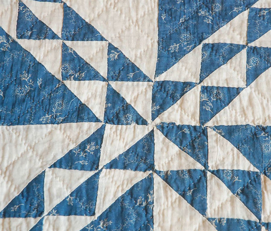 19TH  CENTURY BLUE AND WHITE CALICO OCEAN WAVES QUILT 2