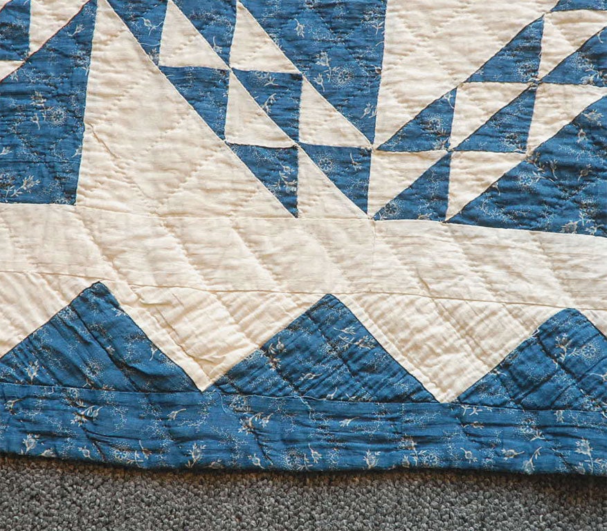 19TH  CENTURY BLUE AND WHITE CALICO OCEAN WAVES QUILT 3