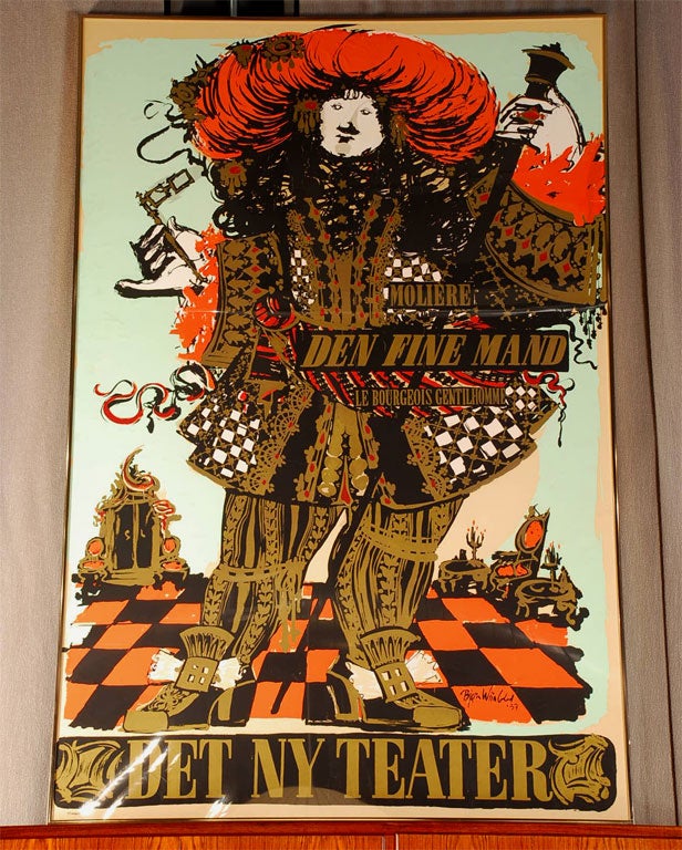 Bjørn Wiinblad ha disegnato questo stravagante manifesto serigrafico per una rappresentazione del 1957 della commedia di Molière 