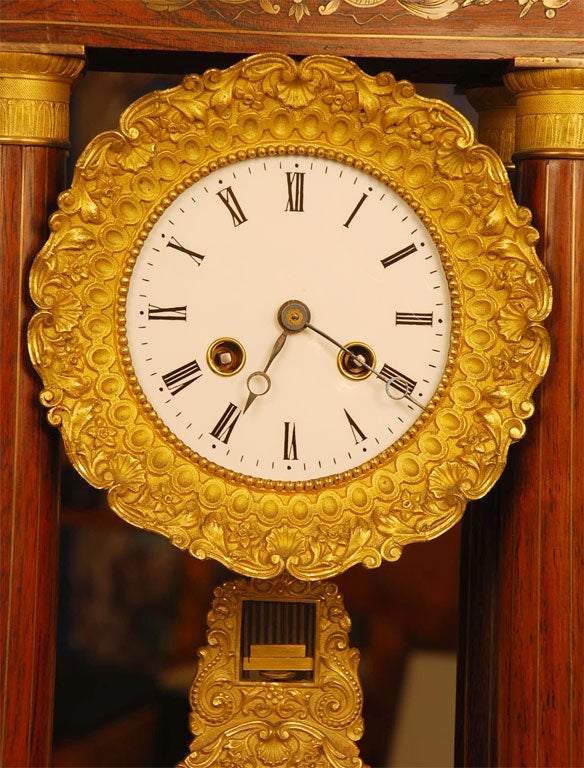 Stained Period Portico Clock in Tulipwood, Fine Inlay, Ormolu Mounts-France, 19th c. For Sale