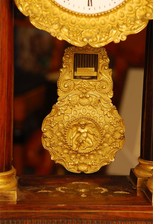 Period Portico Clock in Tulipwood, Fine Inlay, Ormolu Mounts-France, 19th c. In Good Condition For Sale In West Palm Beach, FL