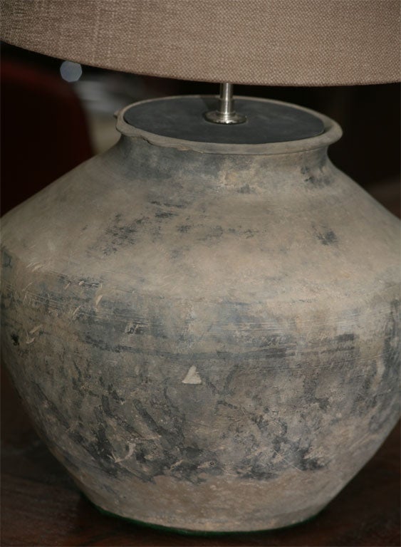 Antique Chinese Terracotta Base Lamp with Linen Shade In Excellent Condition In Sheffield, MA