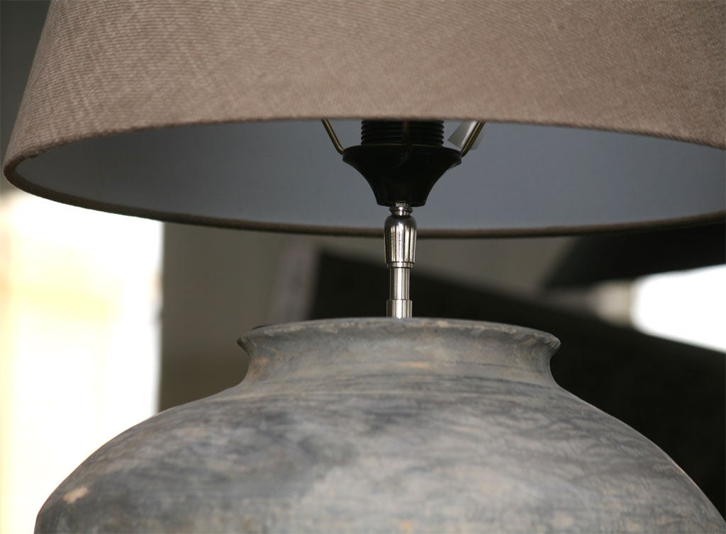 19th Century Antique Chinese Terracotta Base Lamp with Linen Shade