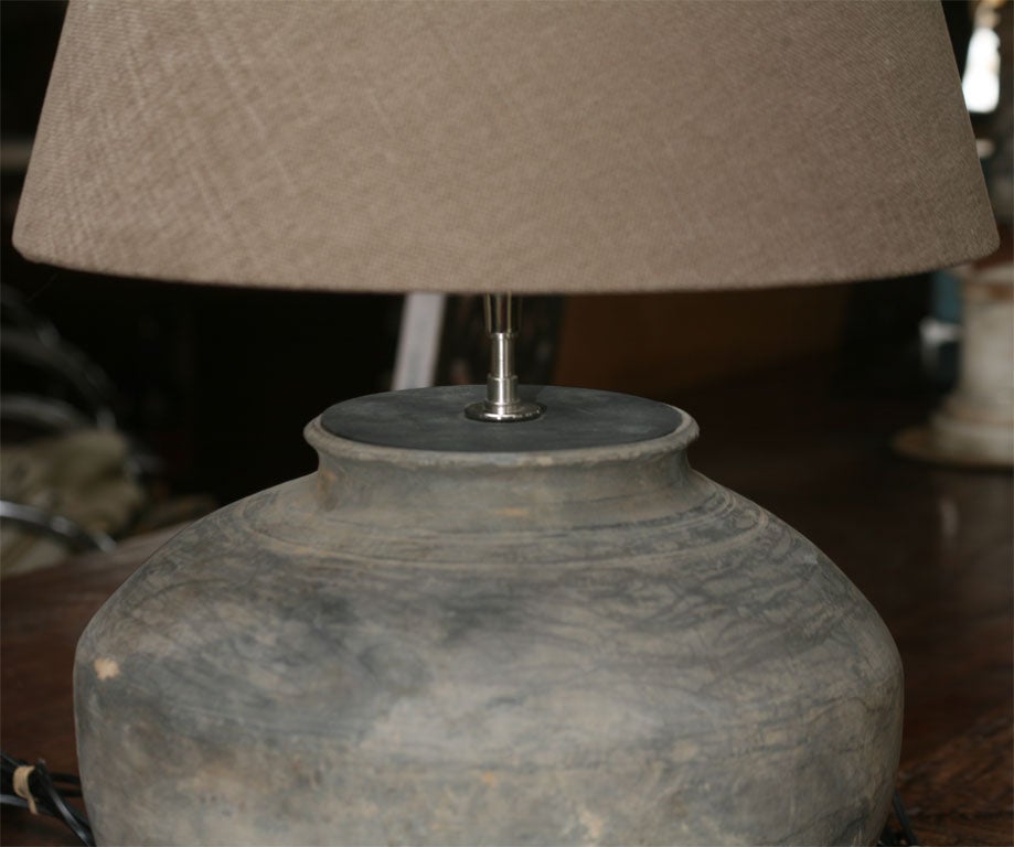 Antique Chinese Terracotta Base Lamp with Linen Shade 1