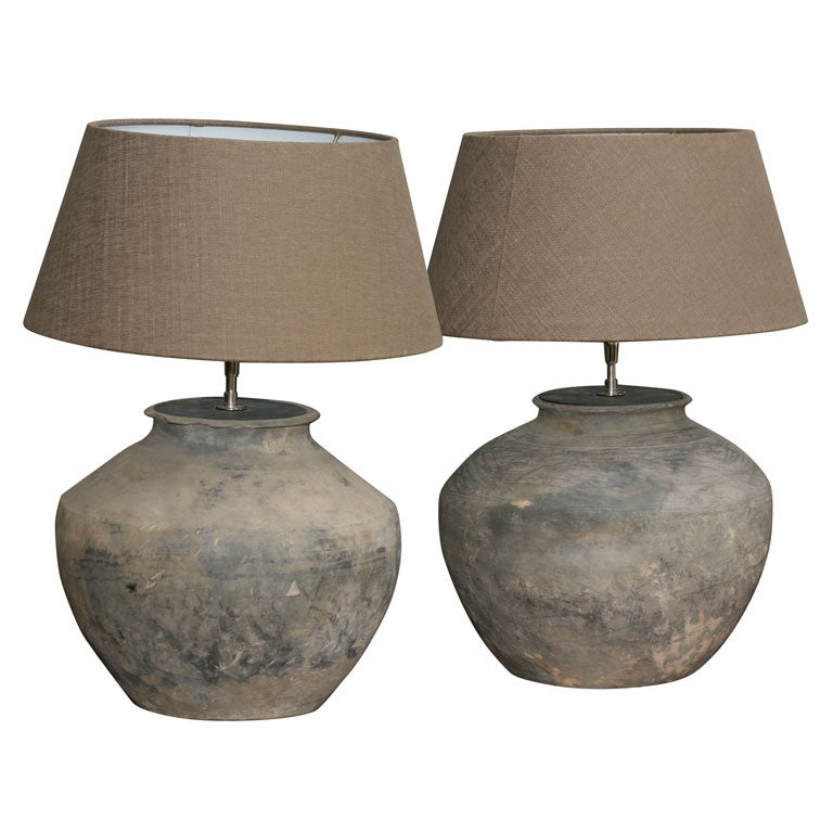 Antique Chinese Terracotta Base Lamp with Linen Shade