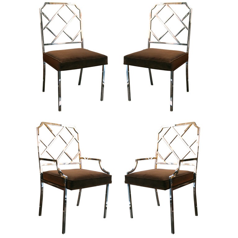 Set of Four Modernist Chippendale Dining Chairs in Chrome