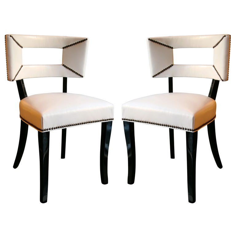 Set of Six Leather Dining Chairs with Cut-Out Back Design