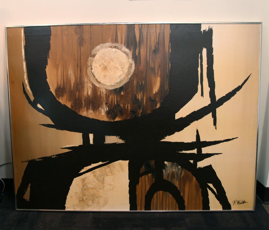 Abstract oil on canvas with modernist<br />
forms in various hues of espresso brown,<br />
tans, and cremes.  Signed and framed<br />
in original chrome frame.