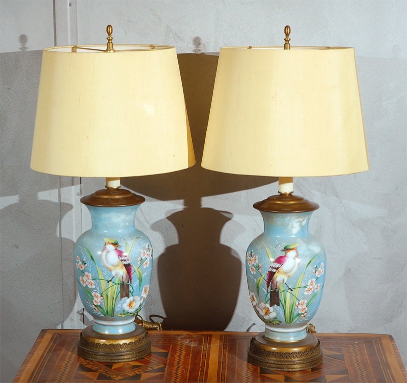 Victorian Pr Hand Decorated Glass Table Lamps For Sale