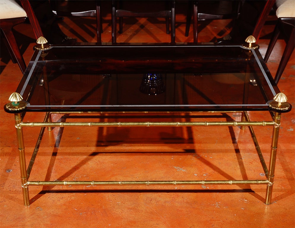 FAUX BAMBOO BRASS COFFEE TABLE WITH BLACK GLASS TOP