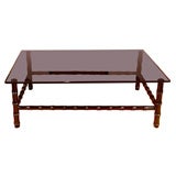 FAUX BAMBOO WOOD COFFEE TABLE WITH BLACK GLASS TOP