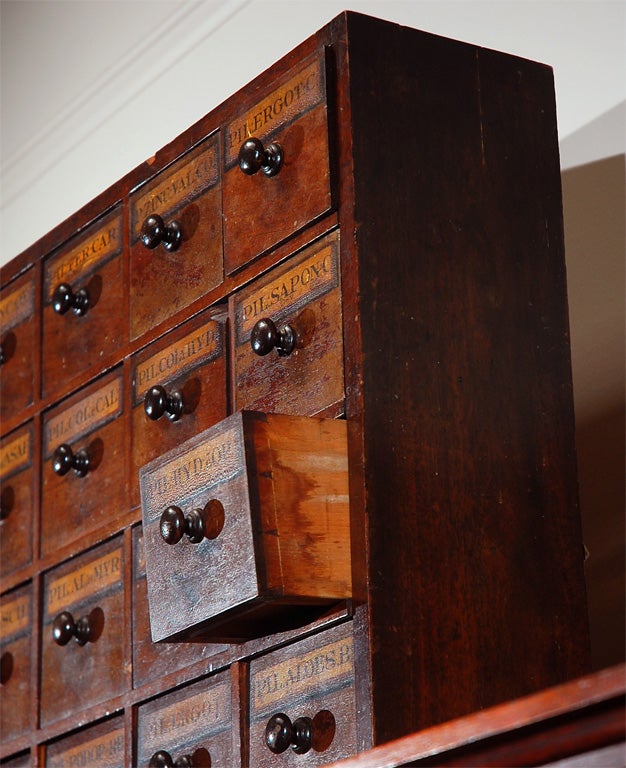 Early 19th Century English Apothecary Wall Chest with Handwritten Labels 1