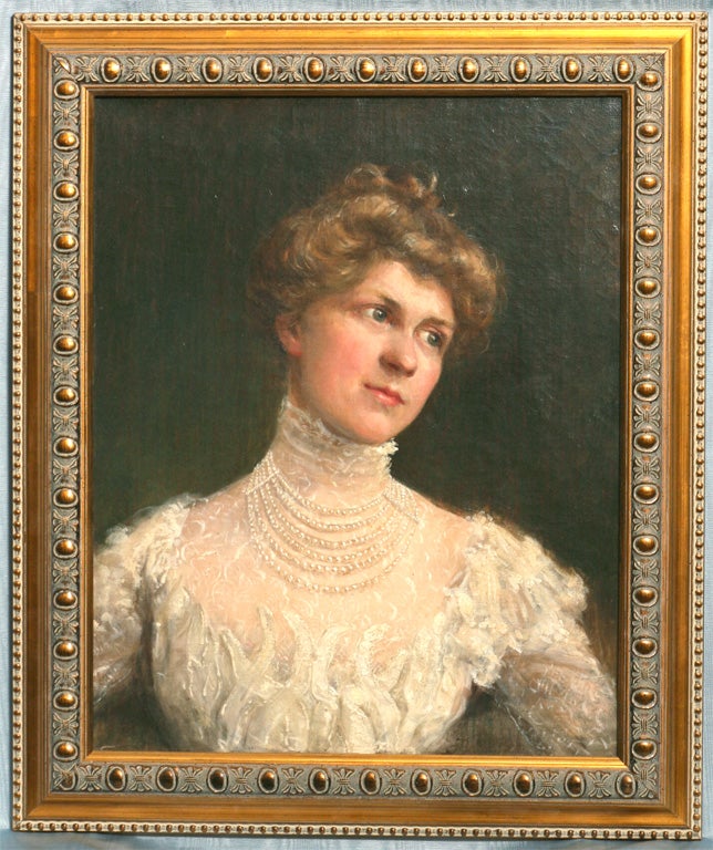 A handsome woman in white and strings of pearls. The portrait is<br />
unsigned and in a new antique styled frame. I can't read most of<br />
the canvas maker's stamp on the back but I think it might be<br />
from Boston.