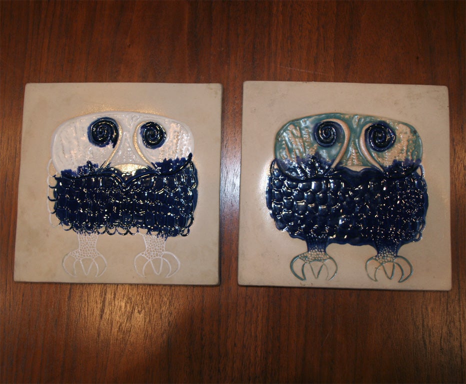 Bennington Pottery ceramic wall plaques depicting owls in shades of blue and white on ivory backgrounds, designed by David Gil, sold individually - price listed below is per plaque.