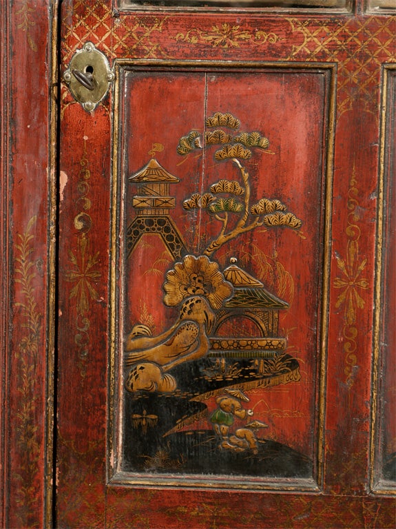 Wood 19th Century Chinoiserie Red Lacquer Hanging Corner Cupboard For Sale