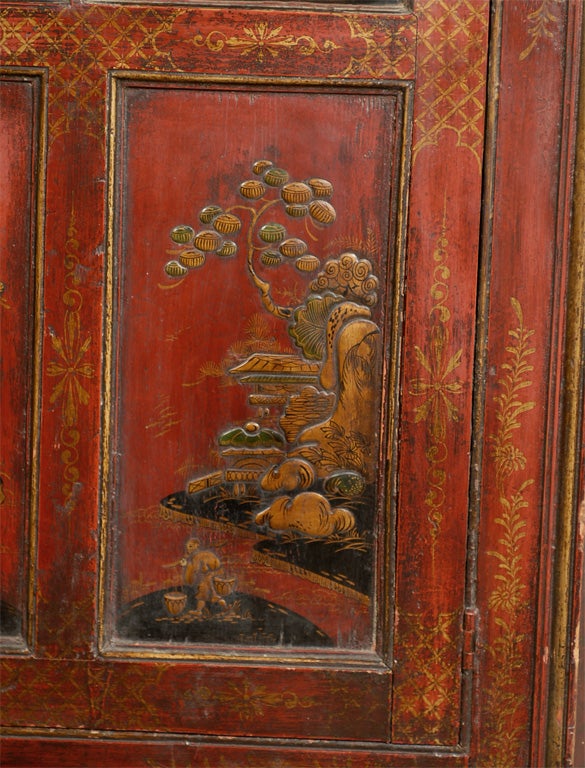 19th Century Chinoiserie Red Lacquer Hanging Corner Cupboard For Sale 1