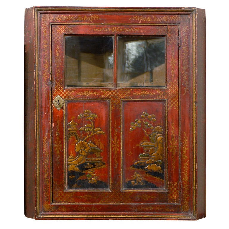 19th Century Chinoiserie Red Lacquer Hanging Corner Cupboard For Sale