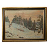 Vintage Oil Painting:  Skiers in New Hampshire.