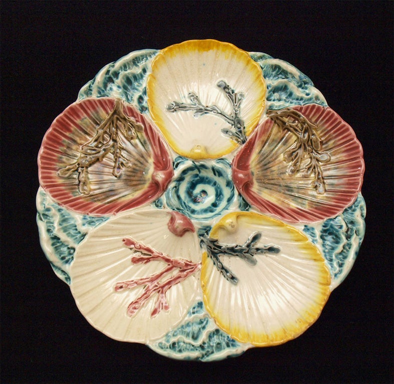 Antique English Hand Painted Majolica seaweed Design Oyster plate Signed 
