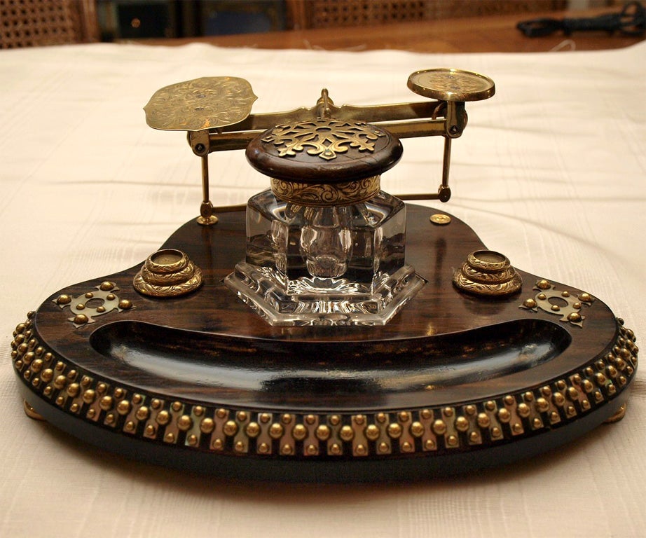 Rare Exceptional quality Inkwell-Postal Scale-Pen Rest With Abalone and Engraved Brass Mounts Circa 1860-1870s