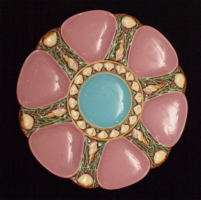 Antique English Mintons Majolica Oyster Plate Rare Pink Color Circa 1873